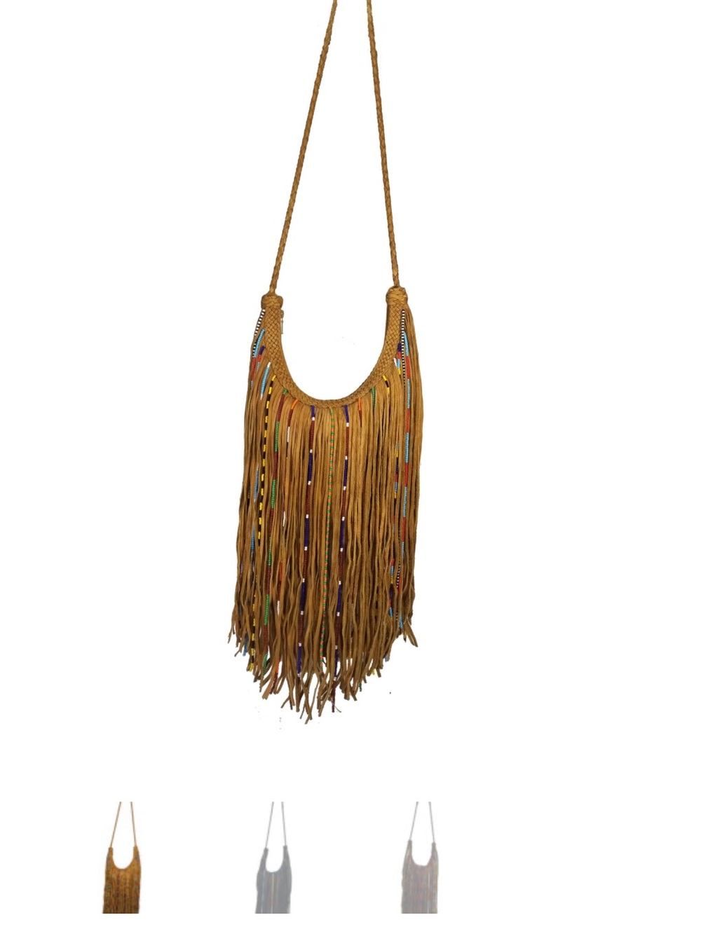 Kobler, Gypsy bag. Fringed Boho Crossbody Bag in Tan with Colorful Bead Accents - Picture 7 of 11